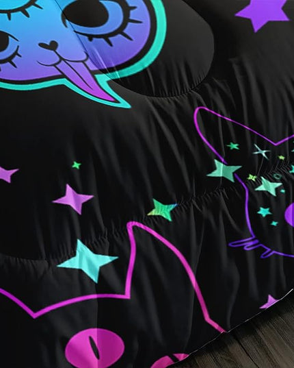 Axolotl Cat Comforter Set Full,Kawaii Trippy Cat Moon Stars Bedding Set with 1 Comforter 2 Pillowcases for Kids Boys Girls Teens Adults Room Decor All Season,Colorful Neon Trippy Bed Set - LeafyLoom