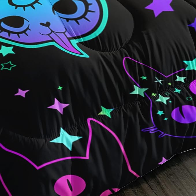 Axolotl Cat Comforter Set Full,Kawaii Trippy Cat Moon Stars Bedding Set with 1 Comforter 2 Pillowcases for Kids Boys Girls Teens Adults Room Decor All Season,Colorful Neon Trippy Bed Set - LeafyLoom