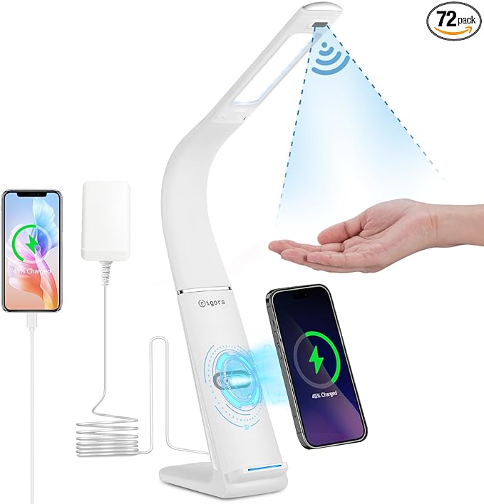 LED Desk Lamp with USB Charging Port, 10W wireless charger, Stepless dimmable, Natural Lights, Desk Lights for Home Office, Office Desk Lamp Eye Caring Reading Light, Gesture Control Table Lamp - LeafyLoom