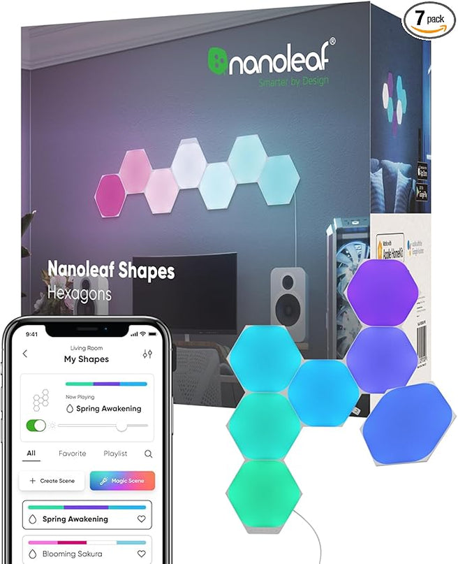 Nanoleaf Shapes WiFi and Thread Smart RGBW 16M+ Color LED Dimmable Gaming and Home Decor Wall Lights Smarter Kits Hexagons Smarter Kit (7 Pack) NANOLEAF