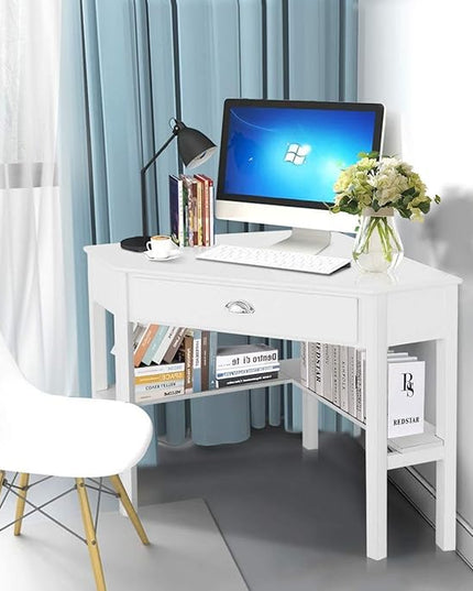 Nightcore Small, Wood Computer Desk, Compact Writing w/Drawer & Storage Shelves, Space Saving Study Workstation, Laptop PC Corner Table, White - LeafyLoom