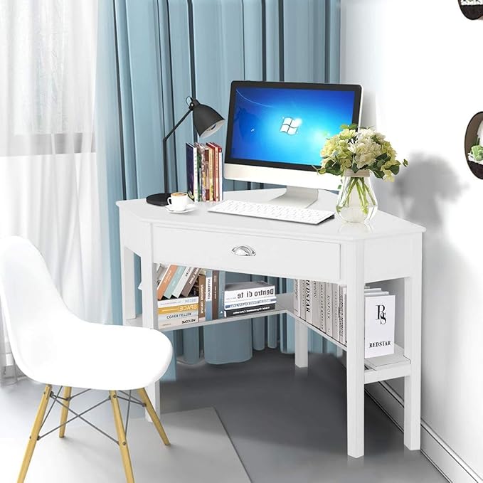 Nightcore Small, Wood Computer Desk, Compact Writing w/Drawer & Storage Shelves, Space Saving Study Workstation, Laptop PC Corner Table, White - LeafyLoom