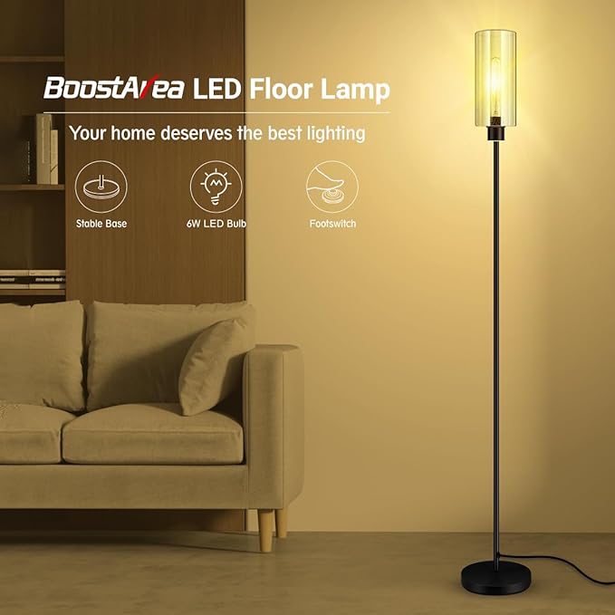 BoostArea Floor Lamp for Living Room, Modern Standing Lamp Stand Up Lamp with Seeded Glass Lampshade, Simple Design Floor Lamp Pole Lamp Tall Lamps for Bedroom, Living Room, Office, Kids Room, Reading - LeafyLoom