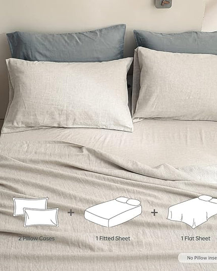 Simple&Opulence 100% Linen Sheet Set Solid Color-4 Pcs Washed French Bed Sheets(1 Flat Sheet,1 Fitted Sheet,2 Pillowcases)-Breathable Bedding Set (Linen, King) - LeafyLoom