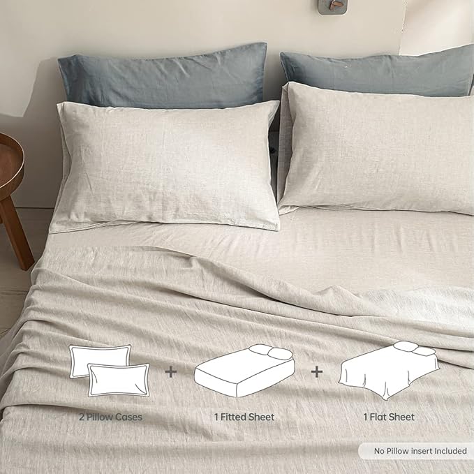 Simple&Opulence 100% Linen Sheet Set Solid Color-4 Pcs Washed French Bed Sheets(1 Flat Sheet,1 Fitted Sheet,2 Pillowcases)-Breathable Bedding Set (Linen, King) - LeafyLoom