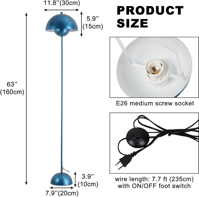 COSYLUX Modern Floor Lamp for Living Room, Industrial Tall Standing Lamp for Bedroom, Metal Shade Reflecting Light reading Floor Lamp for Office, Nursery Room, Corner(Pearl Gentian Blue) - LeafyLoom