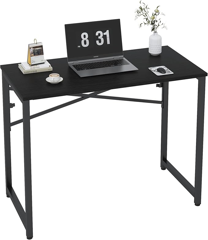 39 Inch Foldable Computer Desk, Folding Space-Saving Home Office Table, Study Writing Gaming Workstation for Small Space, No Assembly Needed,Black - LeafyLoom