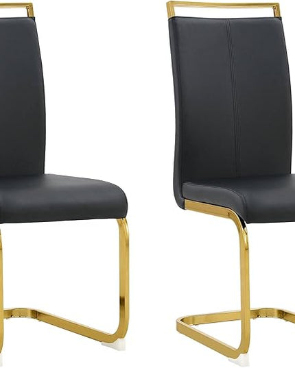 Modern Dining Chairs Set of 2, Side Dining Room Chairs with Golden Legs, Kitchen Chairs with Faux Leather Padded Seat High Back, Chairs for Dining Room,Kitchen, Living Room Black - LeafyLoom