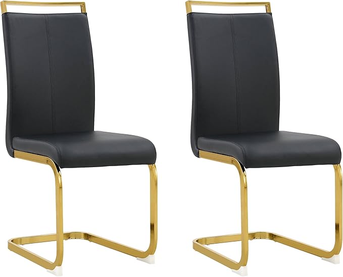 Modern Dining Chairs Set of 2, Side Dining Room Chairs with Golden Legs, Kitchen Chairs with Faux Leather Padded Seat High Back, Chairs for Dining Room,Kitchen, Living Room Black - LeafyLoom