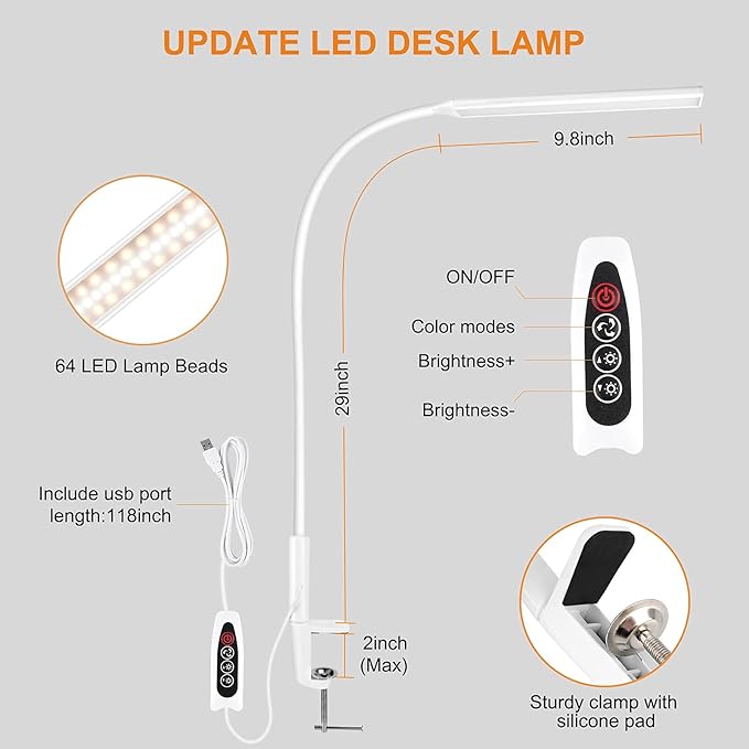 LED Desk Lamp, Swing Arm Table Lamp with Clamp, Flexible Gooseneck Task Lamp, Eye-Caring Architect Desk Light, 3 Modes 10 Brightness Levels, Memory Function Desk Lamps for Home Office, 10W - LeafyLoom