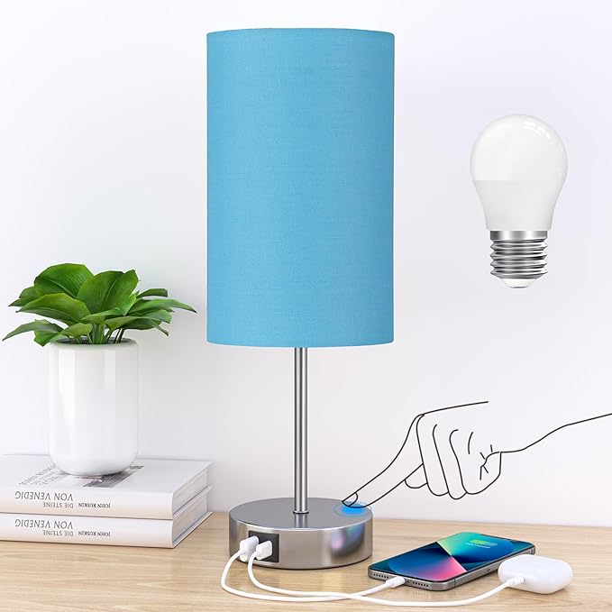 AKASUKI Table Lamp for Bedroom, 3 Way Dimmable Touch Lamp with Dual Charging Station, Small Bedside Lamps for Night Stands, Living Room, Office(LED Bulb Included) - LeafyLoom