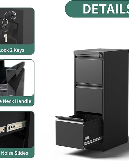 3 Drawer File Cabinet with Lock, Metal Vertical Filing Cabinets for Home Office, Steel Storage Cabinet for Hanging Legal/Letter Size Files, Assembly Required (Black) - LeafyLoom