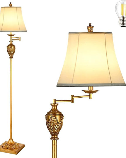 AIDENOEY Traditional LED Floor Lamp with 350° Adjustable – Vintage Pole lamp Swing arm for Living Room, Bedroom and Office – Rustic Upright Floor Light for Home Décor with Faux Silk Fabric Shade - LeafyLoom