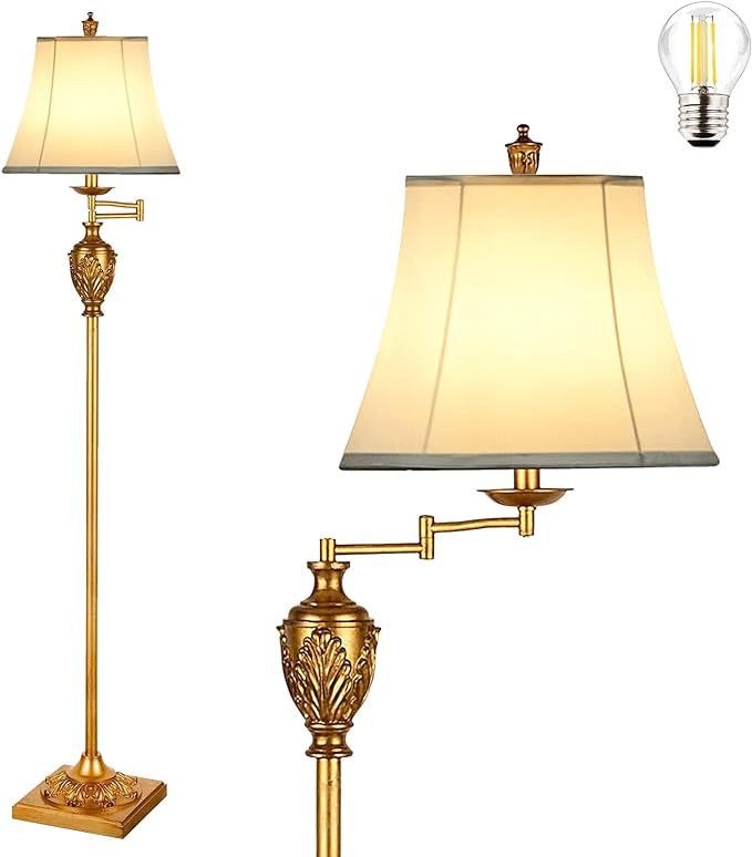 AIDENOEY Traditional LED Floor Lamp with 350° Adjustable – Vintage Pole lamp Swing arm for Living Room, Bedroom and Office – Rustic Upright Floor Light for Home Décor with Faux Silk Fabric Shade - LeafyLoom