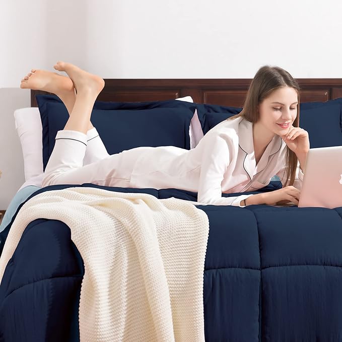 Basic Beyond Queen Comforter Set - Fluffy Comforter Queen Set for All Seasons - Reversible Blue Comforter Set Queen for Mens - 3 Pieces (1 Comforter + 2 Pillow Shams) - Blue/Sapphire - LeafyLoom