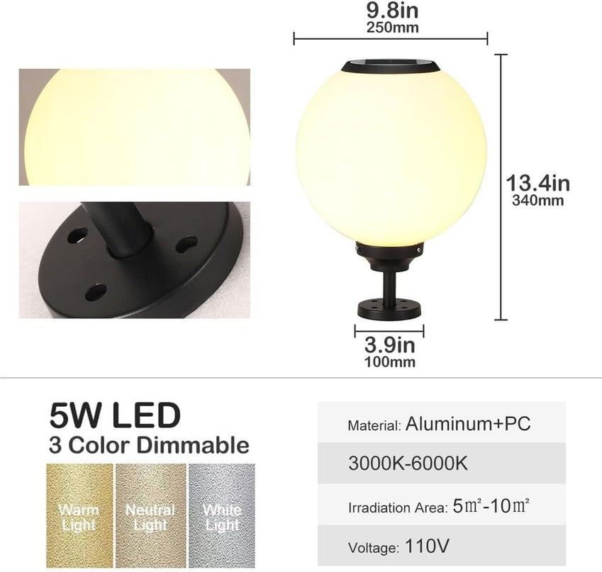 Solar Outdoor Column Lights - Aluminum Fence Pedestal Post Lamp Outdoor Vintage LED Globe Pillar Lights, IP65 Waterproof External Landscape Street Lighting Fixtures LeafyLoom