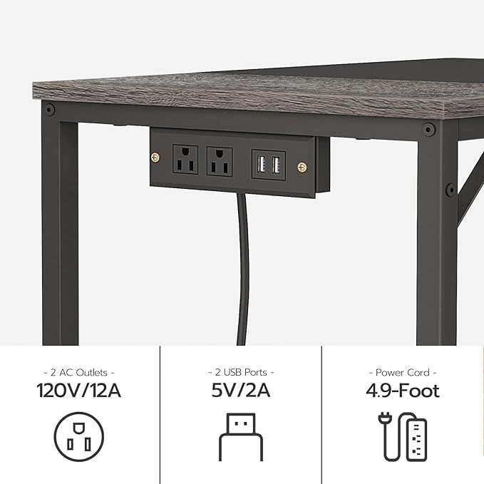 HOOBRO Computer Desk, Home Office Desk with Power Outlet, Modern Study Writing Desk with 3 Hooks for Study Room, Home Office, Sturdy and Stable, Easy to Assemble, Charcoal Gray and Black BC40UDN01 - LeafyLoom