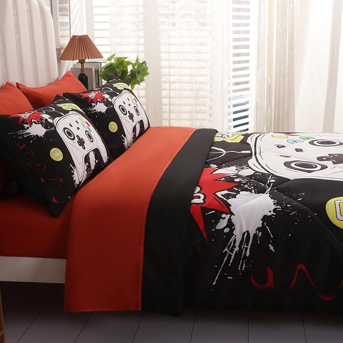 Wajade Kids Game Comforter Set Bed in A Bag Full Size 7 Piece 3D Colorful Video Game Controller Bedding Set for Boys Girls (1 Comforter, 1 Flat Sheet, 1 Fitted Sheet, 2 Pillowcase and 2 Pillow Sham) - LeafyLoom