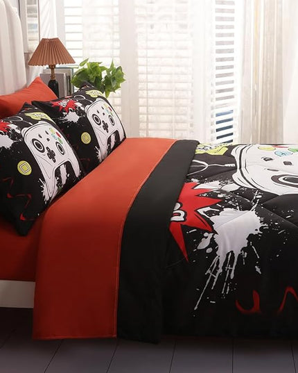 Wajade Kids Game Comforter Set Bed in A Bag Queen Size 7 Piece 3D Colorful Video Game Controller Bedding Set for Boys Girls (1 Comforter, 1 Flat Sheet, 1 Fitted Sheet, 2 Pillowcase and 2 Pillow Sham) - LeafyLoom
