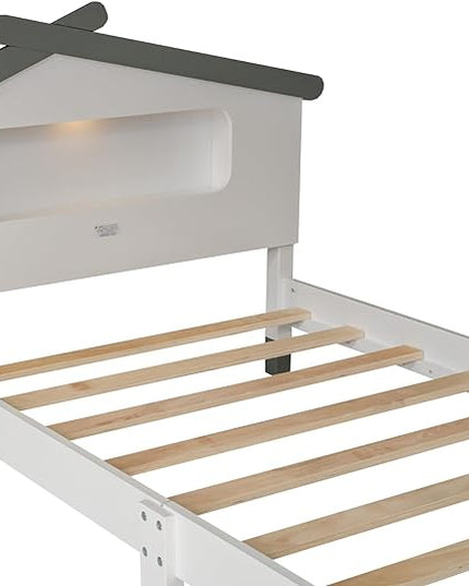 Bellemave Twin Size Platform Bed with House-Shaped Headboard and Motion Activated Night Lights,Wood Twin Kids Bed Frame for Teens, Girls,Boys(Twin,White) - LeafyLoom