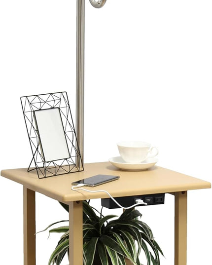 Simple Designs LF2016-TAN 57" Modern 2 Tier End Table Floor Lamp Combination with 2 x USB Charging Ports & Power Outlet with White Drum Fabric Shade for Bedroom, Living Room, Office, Tan - LeafyLoom