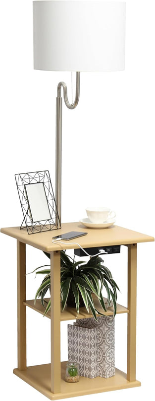 Simple Designs LF2016-TAN 57" Modern 2 Tier End Table Floor Lamp Combination with 2 x USB Charging Ports & Power Outlet with White Drum Fabric Shade for Bedroom, Living Room, Office, Tan - LeafyLoom