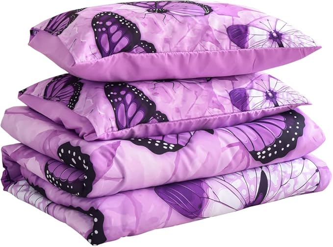 Btargot 3 Piece Purple Butterfly Girls Kids Adults Queen Size Comforter Set, Lightweight Soft All Season Bedding Set with 2 Pillowcases - LeafyLoom
