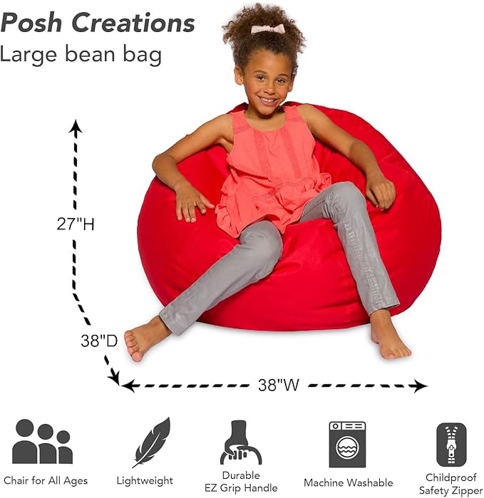 Posh Creations Bean Bag Chair for Kids, Teens, and Adults Includes Removable and Machine Washable Cover, Solid Red, 38in - Large - LeafyLoom