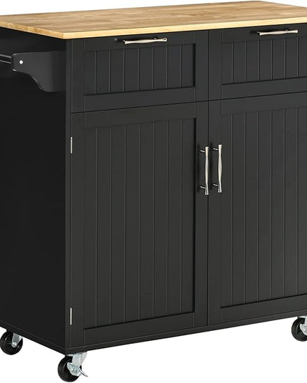 HOMCOM 41" Modern Rolling Kitchen Island on Wheels, Utility Cart Storage Trolley with Rubberwood Top & Drawers, Black - LeafyLoom