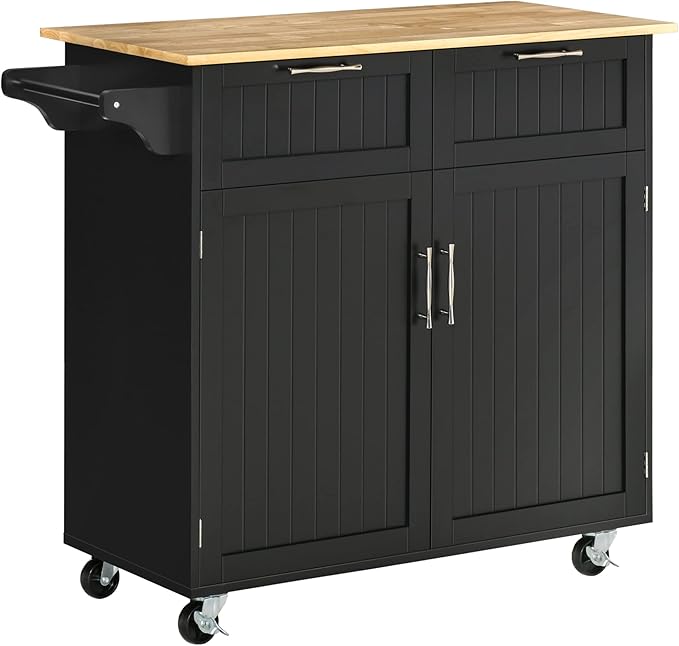 HOMCOM 41" Modern Rolling Kitchen Island on Wheels, Utility Cart Storage Trolley with Rubberwood Top & Drawers, Black - LeafyLoom