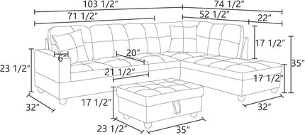 ROOMTEC 3 Piece L Shaped Sectional Sofa Set with Storage Ottoman, Right Facing Chaise Longue, Reversible Backrest w/ 2 Cup Holders, Flannel Tufted Cushions, for Living Room, Taupe - LeafyLoom