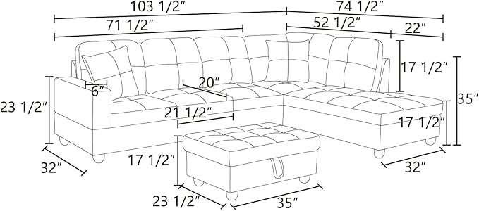 ROOMTEC 3 Piece L Shaped Sectional Sofa Set with Storage Ottoman, Right Facing Chaise Longue, Reversible Backrest w/ 2 Cup Holders, Flannel Tufted Cushions, for Living Room, Taupe - LeafyLoom