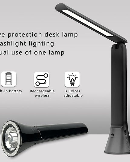 Rechargeable Desk Lamp with Flashlight Function, Battery Powered Desk Lamps for Home Office, Portable Foldable LED Desk Lamps, Cordless Desk Lamps, Small Lamps for Small Spaces, Black - LeafyLoom
