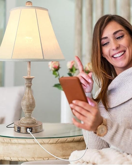 Farmhouse Table Lamp Touch Control 3-Way Dimmable, Modern Nightstand Lamp with 2 USB Port Bedside Desk Lamp with Fabric Shade for Living Room Bedroom Hotel (Pack-01) - LeafyLoom