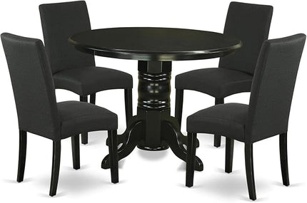 East West Furniture SHDR5-BLK-24 5 Piece Dinette Set for 4 Includes a Round Kitchen Table with Pedestal and 4 Black Color Linen Fabric Upholstered Parson Chairs, 42x42 Inch, Black - LeafyLoom