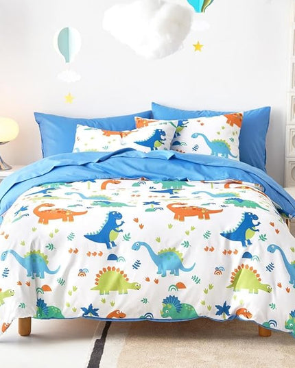 Wake In Cloud - Dinosaur Bedding Set for Boys, Cute Colorful Dinosaur Comforter Set with Sheets, 5 Pieces Kids Bed in a Bag, White Blue, Twin Size - LeafyLoom