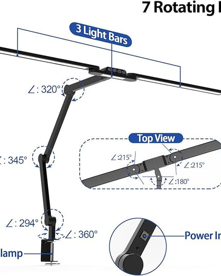 Transformable LED Desk Lamp, 37.4" Architect Desk Light with Clamp, 3 Light Bars for Home Office, 24W Ultra Bright Auto Dimming 5 CCT Modes & 5 Brightness Levels Table Light for L Shaped Desk - LeafyLoom