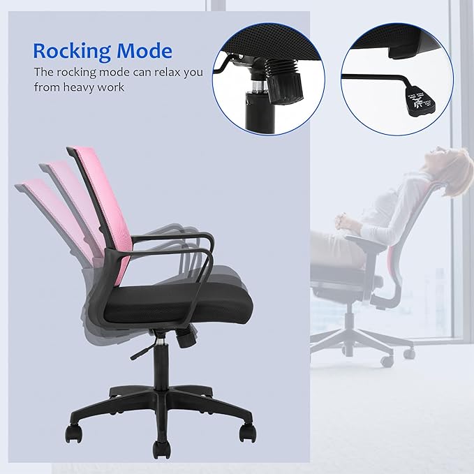 Office Chair Ergonomic Desk Task Chair Mesh Computer Chair Mid-Back Mesh Home Office Swivel Chair Modern Executive Chair with Wheels Armrests Lumbar Support (Pink) - LeafyLoom