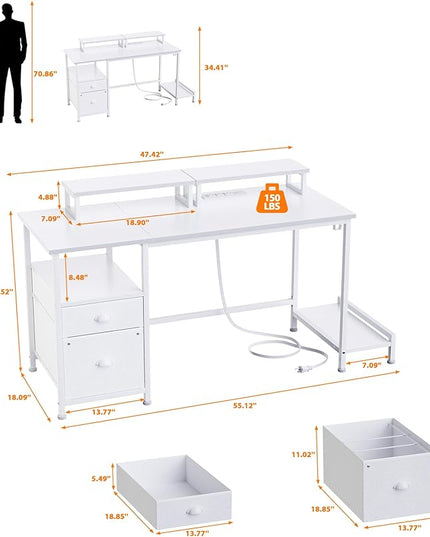 Furologee White Computer Desk with Drawer and Power Outlets, 47" Office Desk with 2 Monitor Stands and Fabric File Cabinet, Writing Gaming Table with Shelves and 2 Hooks for Home Office - LeafyLoom