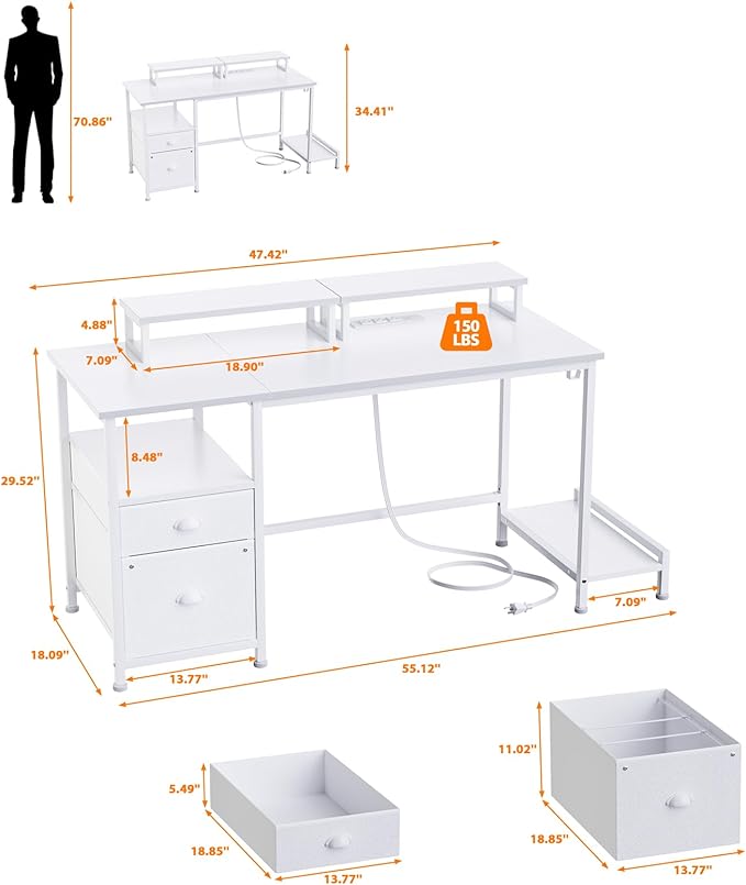 Furologee White Computer Desk with Drawer and Power Outlets, 47" Office Desk with 2 Monitor Stands and Fabric File Cabinet, Writing Gaming Table with Shelves and 2 Hooks for Home Office - LeafyLoom