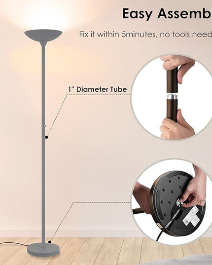 BoostArea Torchiere Floor Lamp, 24W Super Bright LED Standing Lamp, Stepless Dimmable Pole Lamp with 3000K Lighting, Rotary Switch, 70 Inch Tall Metal Modern Floor lamps for Living Room/Bedroom Gray - LeafyLoom