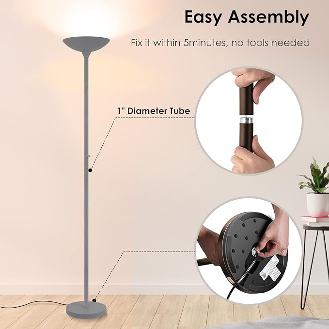 BoostArea Torchiere Floor Lamp, 24W Super Bright LED Standing Lamp, Stepless Dimmable Pole Lamp with 3000K Lighting, Rotary Switch, 70 Inch Tall Metal Modern Floor lamps for Living Room/Bedroom Gray - LeafyLoom