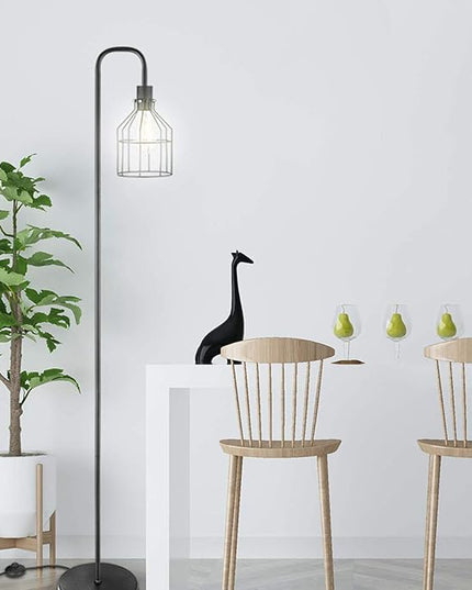 Industrial Frosted Black Floor Lamp with Cage Lampshade,On-Off Switch,Modern Indoor Pole Light for Bedroom,Living Room,Study Room or Offices (Black) - LeafyLoom