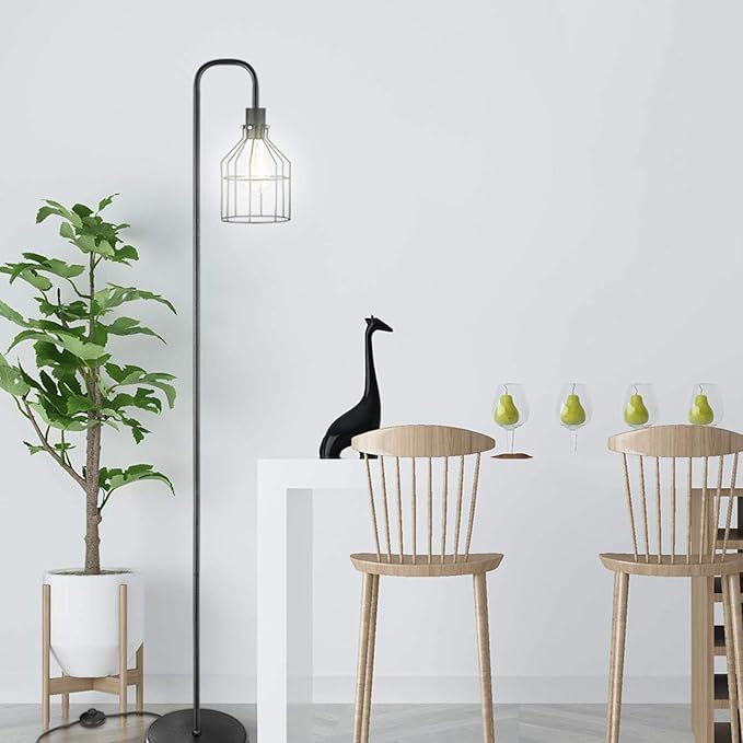Industrial Frosted Black Floor Lamp with Cage Lampshade,On-Off Switch,Modern Indoor Pole Light for Bedroom,Living Room,Study Room or Offices (Black) - LeafyLoom