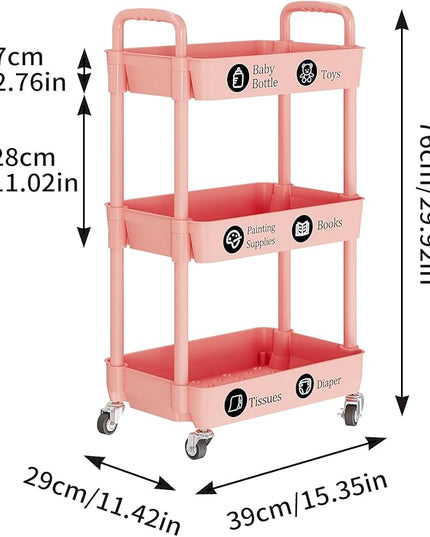 3-Tier Storage Cart,Multifunction Utility Rolling Cart Kitchen Storage Organizer,Mobile Shelving Unit Cart with Lockable Wheels for Bathroom,Laundry,with Classified Stickers,Pink - LeafyLoom