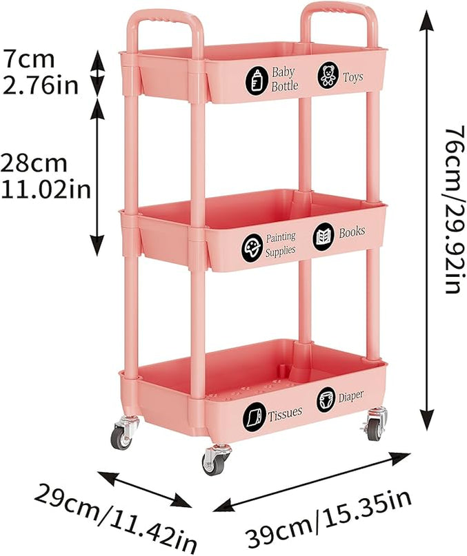 3-Tier Storage Cart,Multifunction Utility Rolling Cart Kitchen Storage Organizer,Mobile Shelving Unit Cart with Lockable Wheels for Bathroom,Laundry,with Classified Stickers,Pink - LeafyLoom