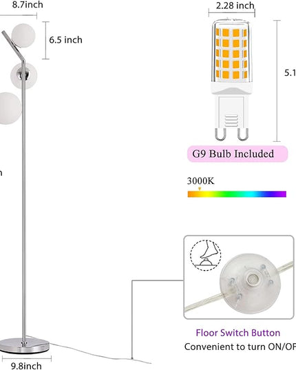 Modern Floor Lamp, LED Standing Tall Pole Lamp with Glass Shade, Elegant Mid Century Modern Floor Lamps for Living Room,Bedroom,Office,3 Lights (Bulbs Included) - LeafyLoom