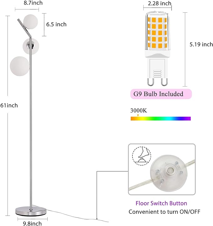 Modern Floor Lamp, LED Standing Tall Pole Lamp with Glass Shade, Elegant Mid Century Modern Floor Lamps for Living Room,Bedroom,Office,3 Lights (Bulbs Included) - LeafyLoom