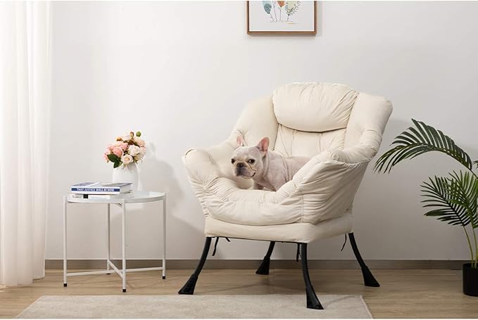 HollyHOME Modern Fabric Large Lazy Chair, Accent Oversized Comfy Reading Chair, Thick Padded Cozy Lounge Chair with Armrest, Steel Frame Leisure Sofa Chair for Living Room, Bedroom, Dorm, Beige - LeafyLoom