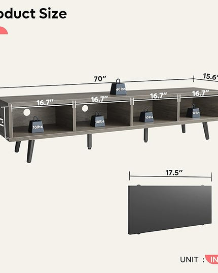 Bestier 70 inch Mid Century Modern TV Stand for 75 inch TV, Low Profile TV Stand with Storage, Entertainment Center for Living Room, Cord Management, Gray Wash - LeafyLoom